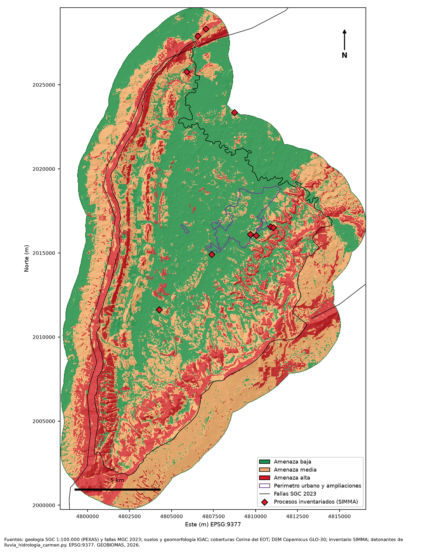 Mapa de amenaza por movimientos en masa en tres categorías, con las fallas del Servicio Geológico y los procesos del inventario SIMMA