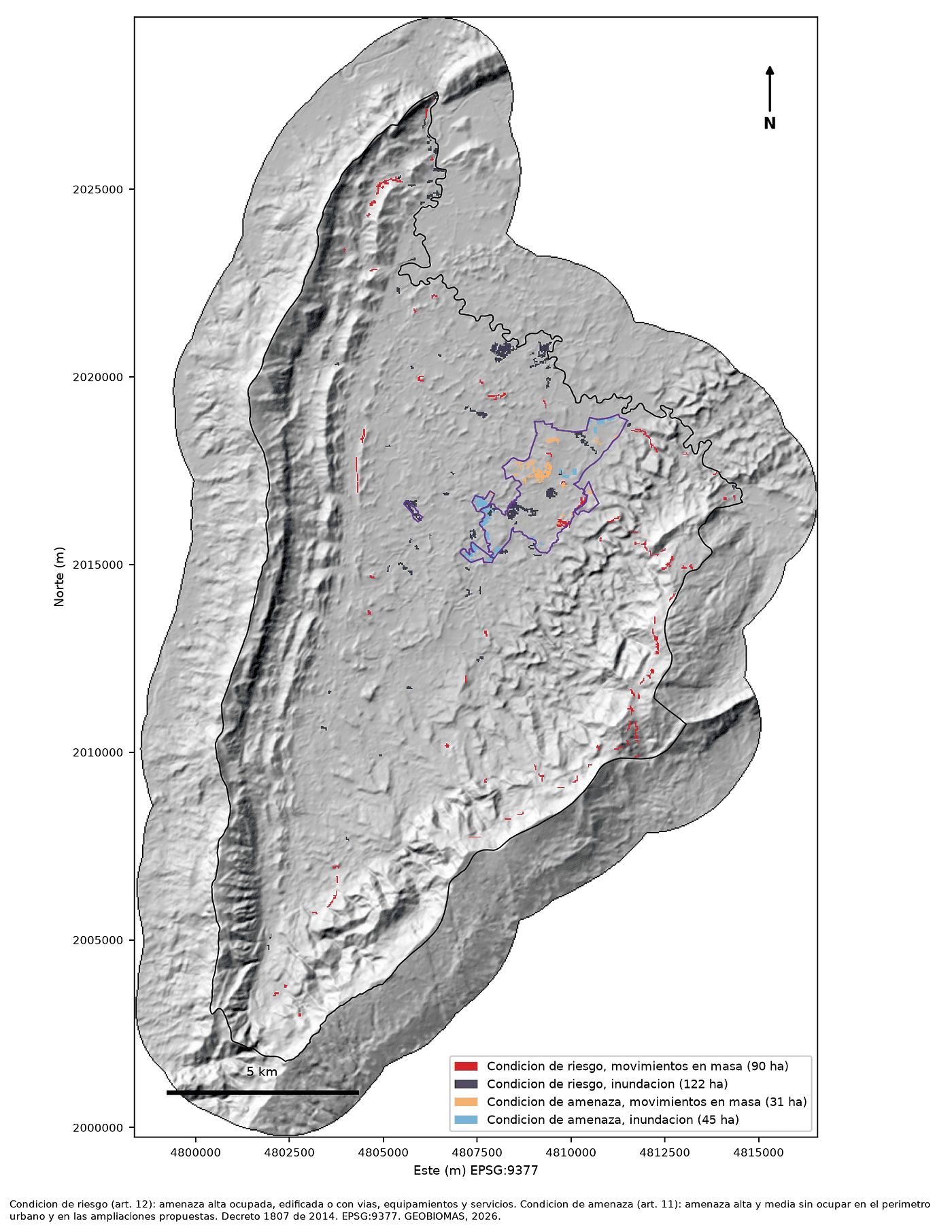 Mapa de áreas con condición de amenaza y áreas con condición de riesgo, con la superficie de cada categoría en hectáreas