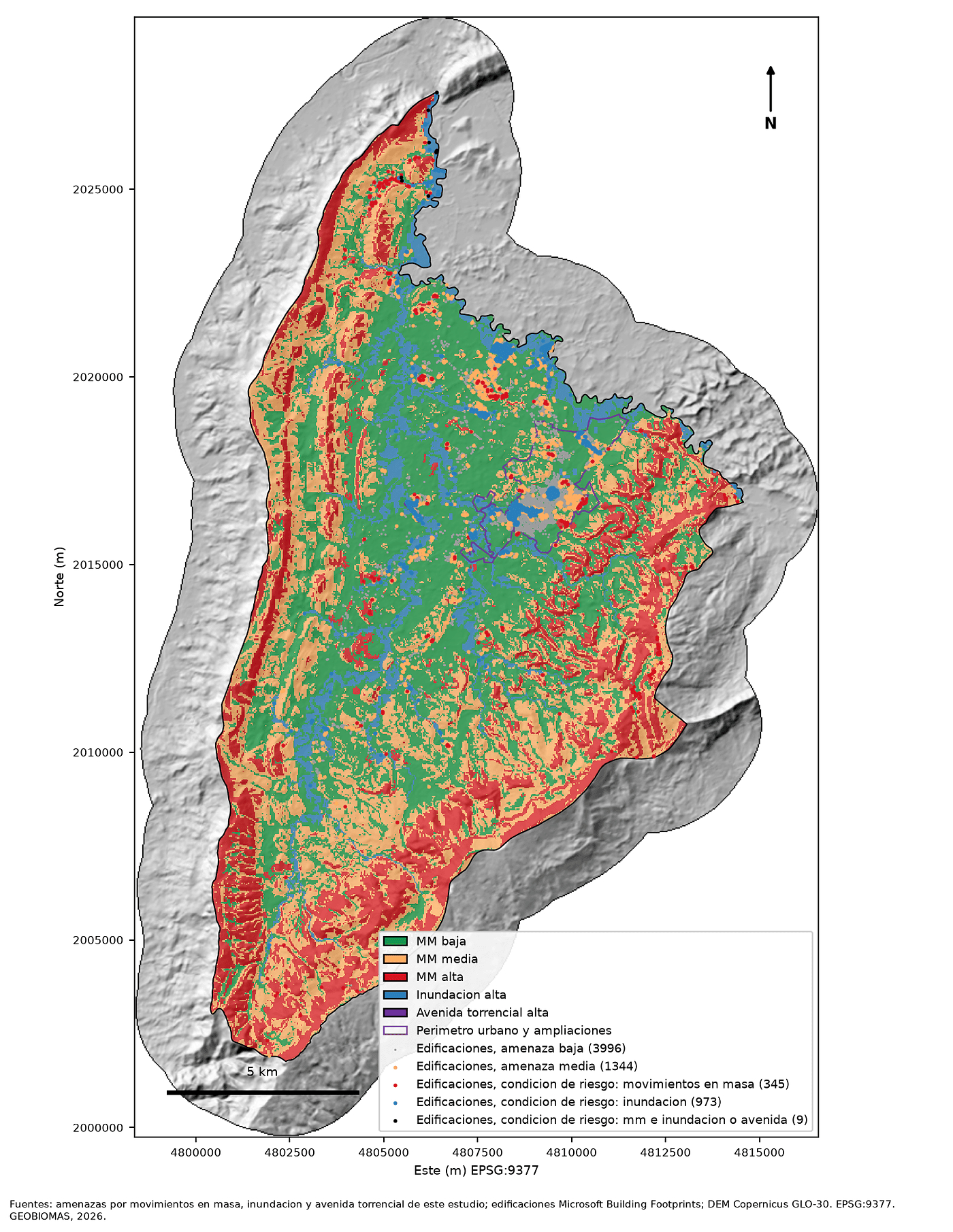 Mapa de exposición de edificaciones sobre la amenaza combinada, con el conteo de edificaciones en cada categoría