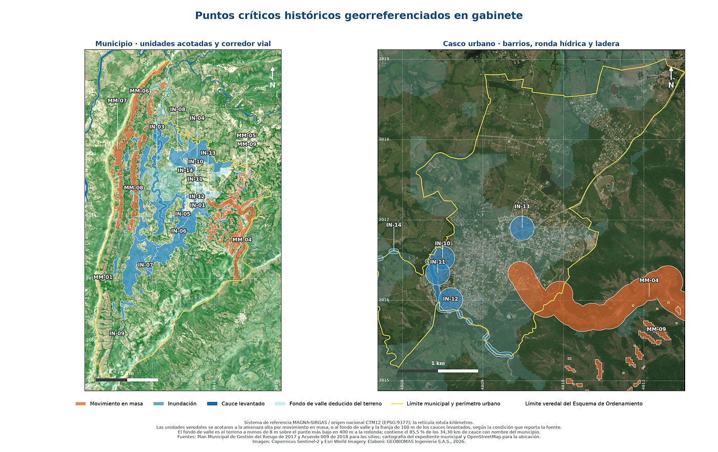 Dos paneles con puntos críticos históricos georreferenciados en gabinete, uno a escala municipal y otro sobre el casco urbano, con las unidades acotadas por movimiento en masa, inundación y cauce levantado