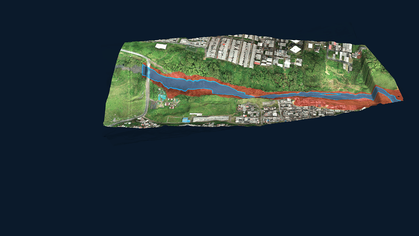 Vista oblicua del modelo de terreno del mismo tramo con la lámina de agua y la zona inundable