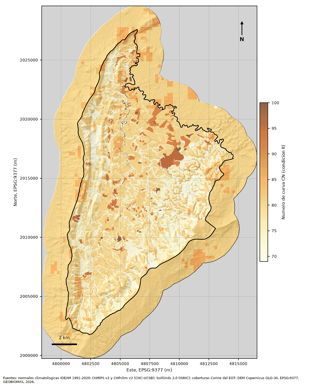 Mapa del número de curva en condición media, derivado del grupo hidrológico del suelo y de la cobertura