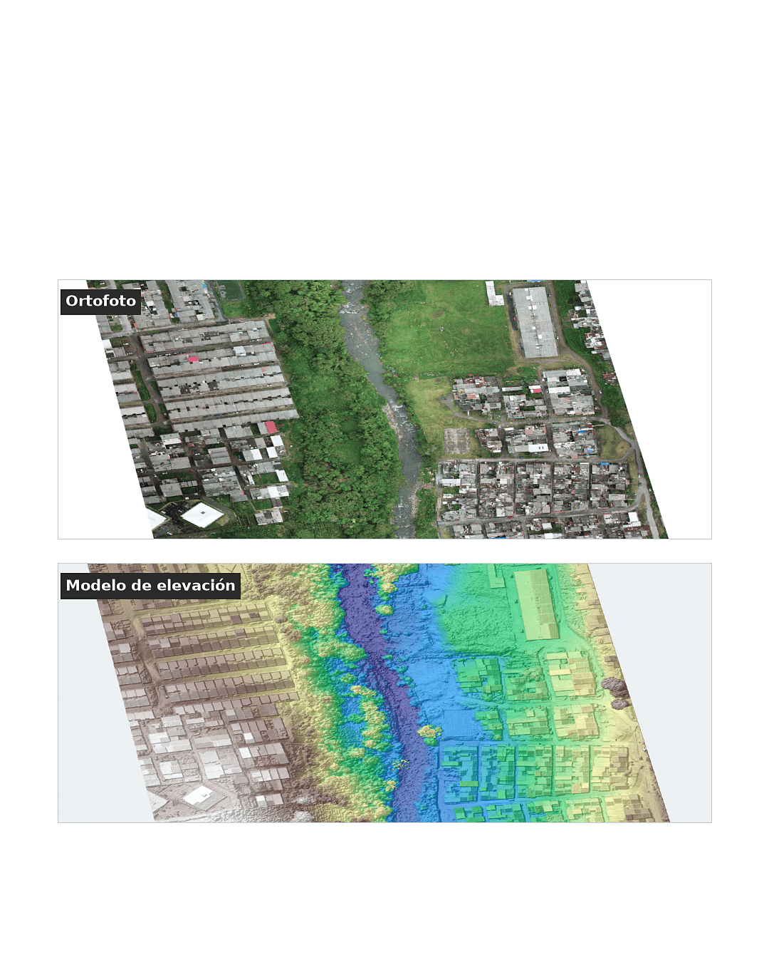 Comparación entre la ortofoto de un sector urbano y el modelo de elevación del mismo vuelo, coloreado por altura