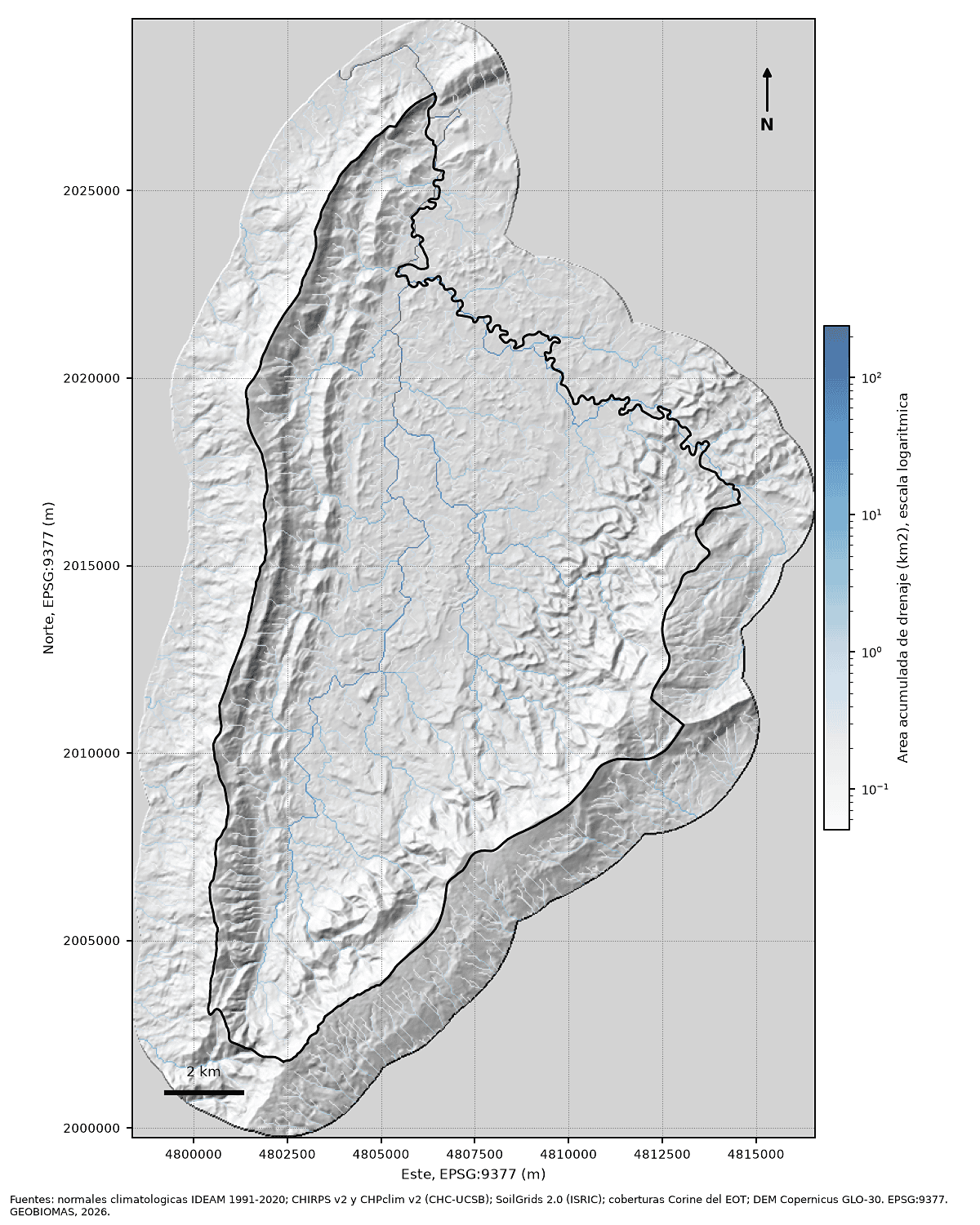 Mapa de la red de drenaje sobre el sombreado del modelo de elevación, con el área acumulada de drenaje en escala logarítmica