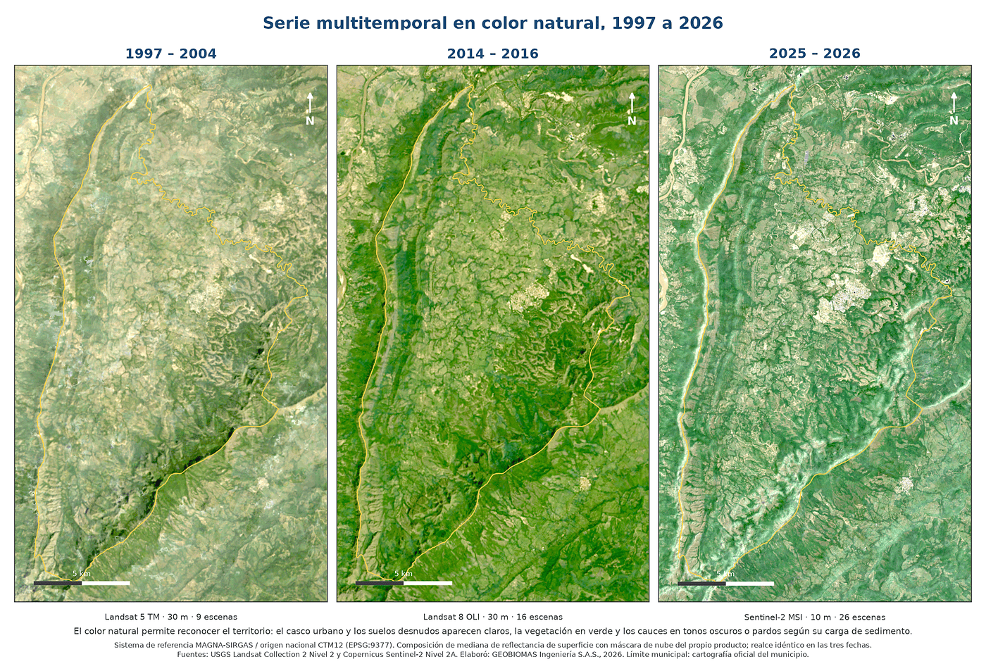 Tres imágenes satelitales del mismo territorio en color natural, compuestas para los periodos 1997 a 2004, 2014 a 2016 y 2025 a 2026