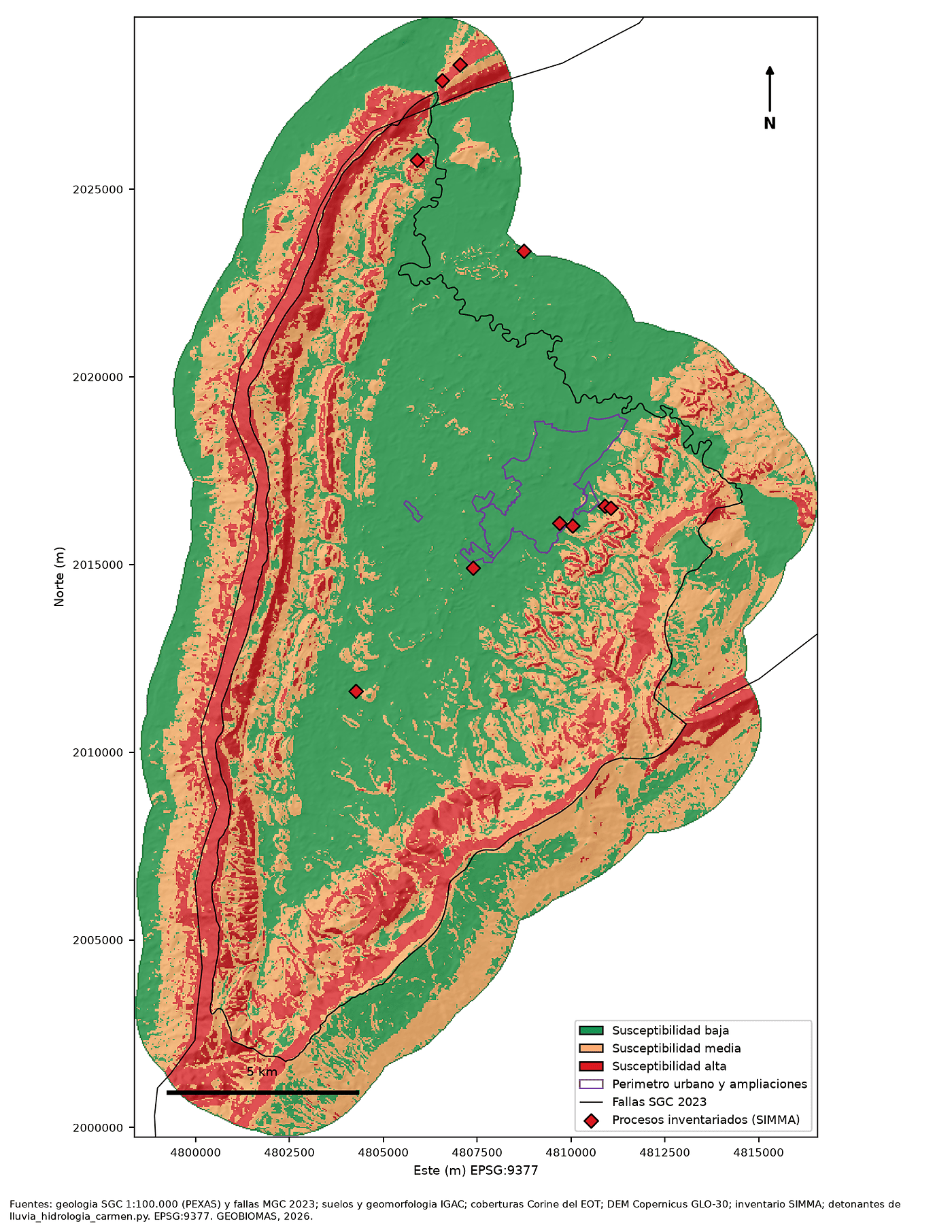 Mapa de susceptibilidad por movimientos en masa en tres categorías, con las fallas del Servicio Geológico y los procesos inventariados